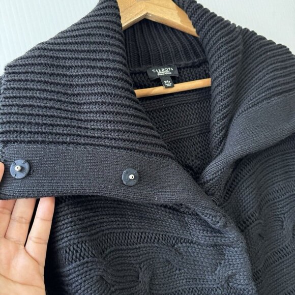 TALBOTS Woman Petite 2X Cable Knit Cowl Neck Sweater Snap Button Black Cotton - Picture 3 of 14